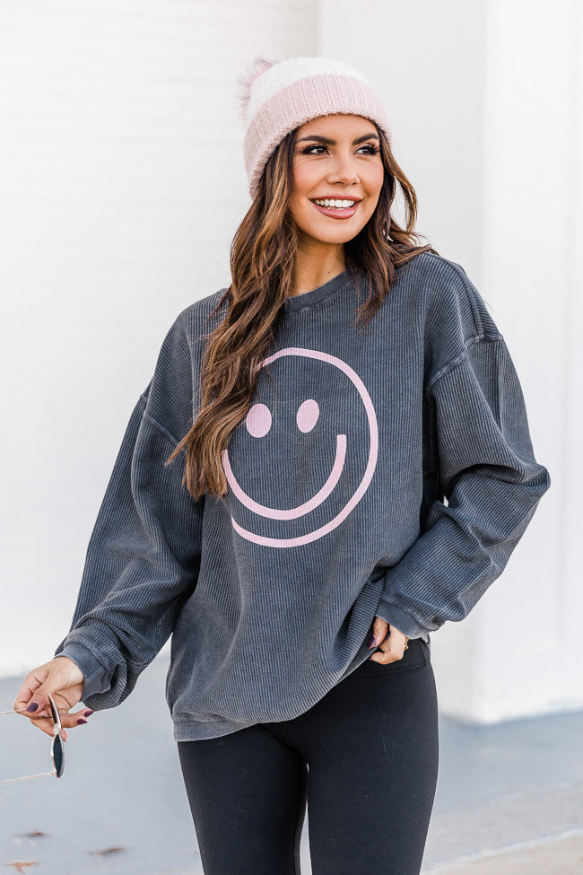 Cheap 🌟 Pink Lily Pink Smiley Face Charcoal Corded Graphic Sweatshirt 🎁 -Tees Shop
