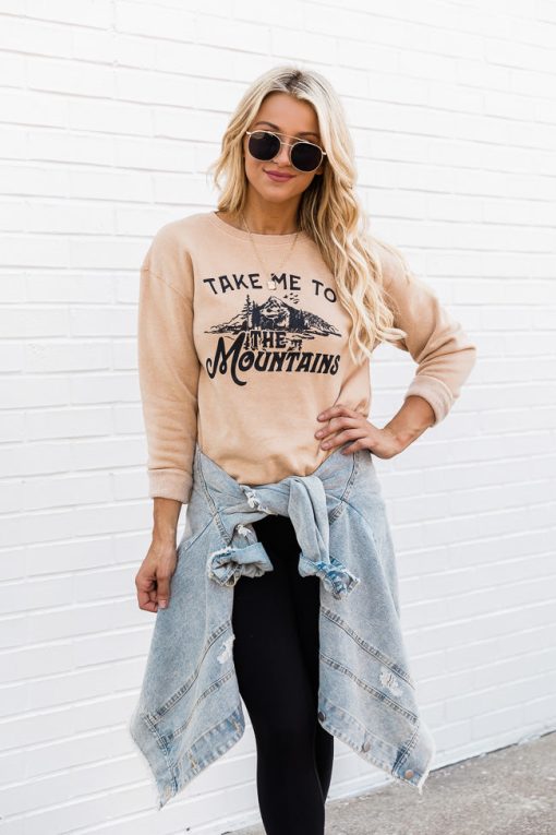 Outlet ⌛ Pink Lily Take Me To The Mountains Gold Graphic Sweatshirt 🔔 -Tees Shop