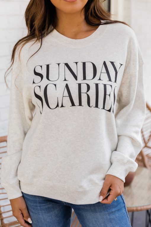 Buy 🌟 Pink Lily Sunday Scaries Heather Sand Graphic Sweatshirt 😀 -Tees Shop