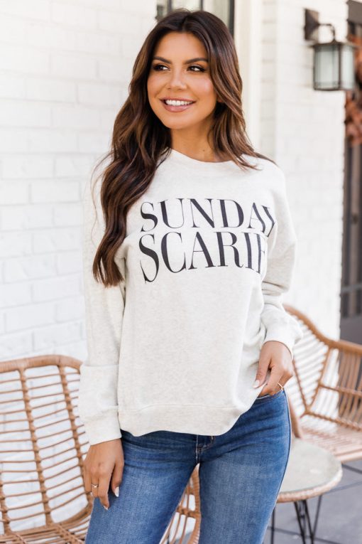 Buy 🌟 Pink Lily Sunday Scaries Heather Sand Graphic Sweatshirt 😀 -Tees Shop