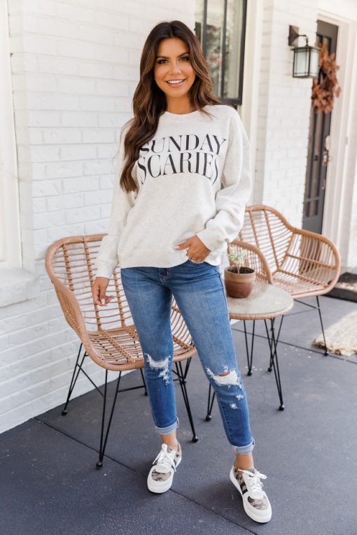 Buy 🌟 Pink Lily Sunday Scaries Heather Sand Graphic Sweatshirt 😀 -Tees Shop