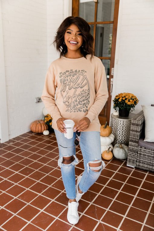 New 😀 Pink Lily Wild And Free Gold Graphic Sweatshirt 🎁 -Tees Shop