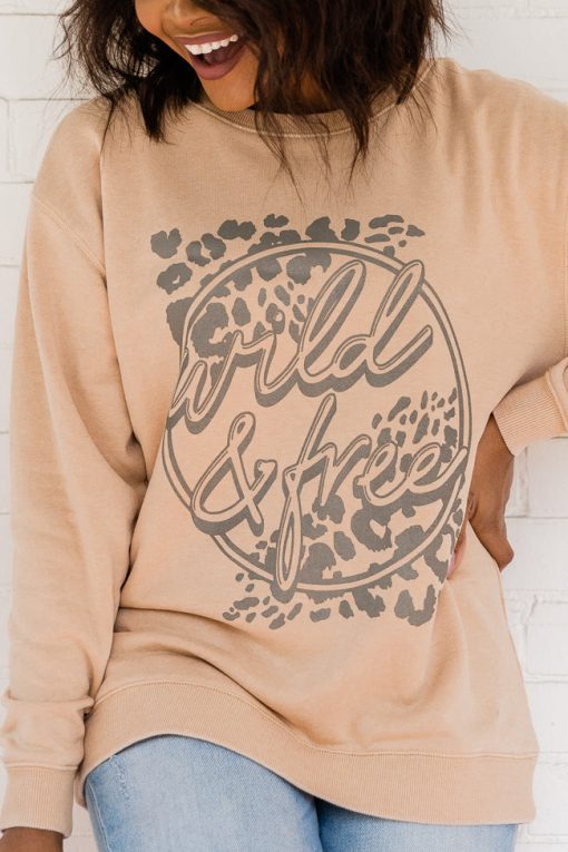 New 😀 Pink Lily Wild And Free Gold Graphic Sweatshirt 🎁 -Tees Shop