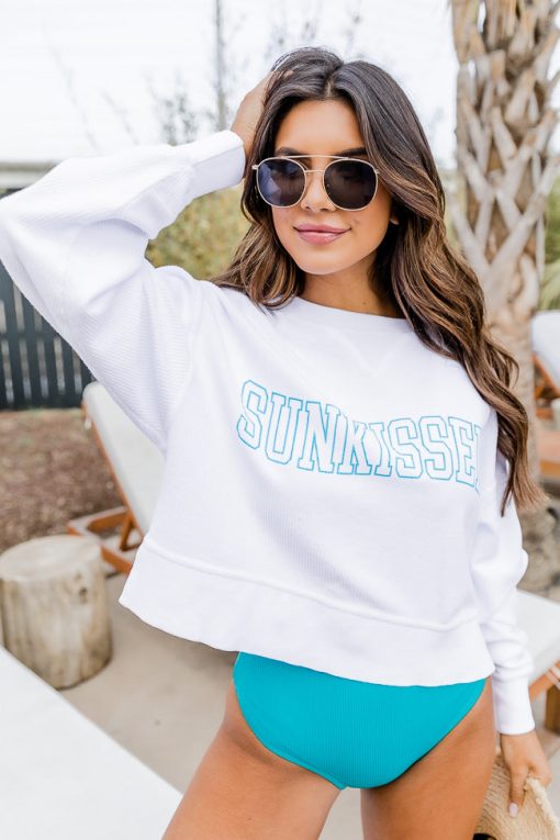 Hot Sale 😍 Pink Lily Sunkissed Wave White Cropped Corded Graphic Sweatshirt 🎁 -Tees Shop