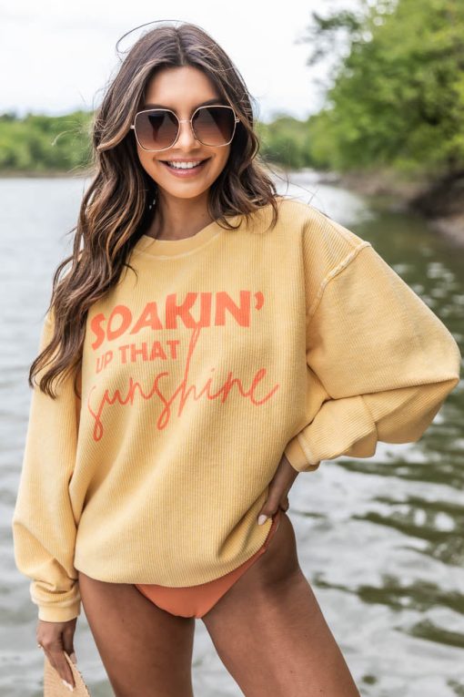Outlet 🌟 Pink Lily Soakin' Up That Sunshine Gold Corded Graphic Sweatshirt 🔔 -Tees Shop
