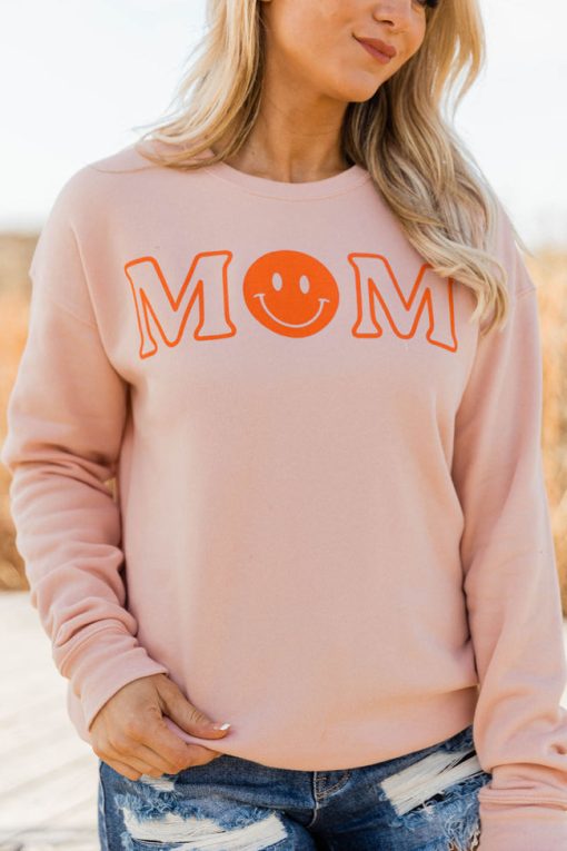 Best Pirce ⌛ Pink Lily Mom Smiley Peach Graphic Sweatshirt 🌟 -Tees Shop