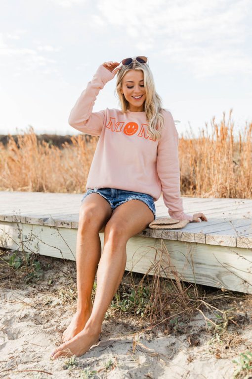 Best Pirce ⌛ Pink Lily Mom Smiley Peach Graphic Sweatshirt 🌟 -Tees Shop