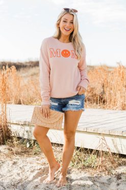 Best Pirce ⌛ Pink Lily Mom Smiley Peach Graphic Sweatshirt 🌟 -Tees Shop N152187 momsmileygraphic 171784 backroadsongsdark 164212 she schic 173230 callingouttoyou 6 650x