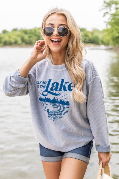 Budget ❤️ Pink Lily Take Me To The Lake Faded Denim Graphic Sweatshirt 😍 -Tees Shop