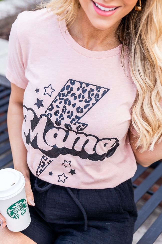 Budget ✨ Pink Lily Mama Animal Print Lightning Bolt Peach Graphic Tee 😉 -Tees Shop