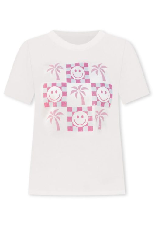 Deals ✨ Pink Lily Palm Tree Smiley Ivory Graphic Tee 🔔 -Tees Shop palm tree smiley ivory graphic